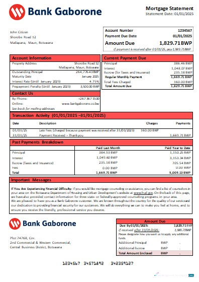 Download Botswana Bank Gaborone bank mortgage statement scr Photoshop template